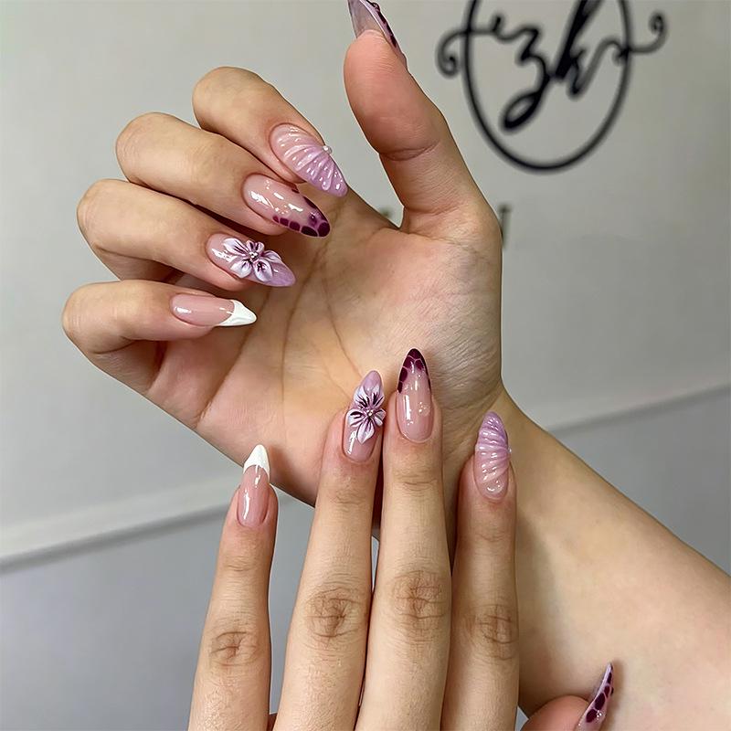 3D Stereo Floral Nail Art with Handmade Rhinestones - French Almond Purple Gradient Nail Tips