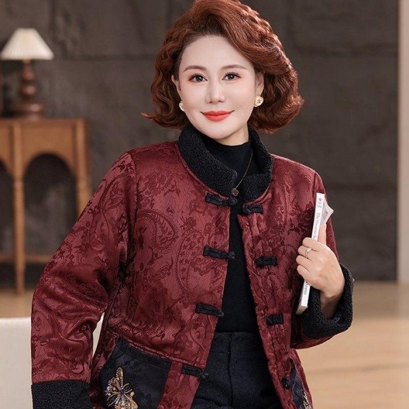 Winter Large Size Padded Jacket Medium and Old Women's Clothing Mother Clothing Chinese Retro Velvet Thickened Grandma Top Padded Jacket