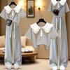 Sommer-Damen-Polo-T-Shirt mit Puppenkragen und Streifen & Weit geschnittene Hose Zweiteiler-Set