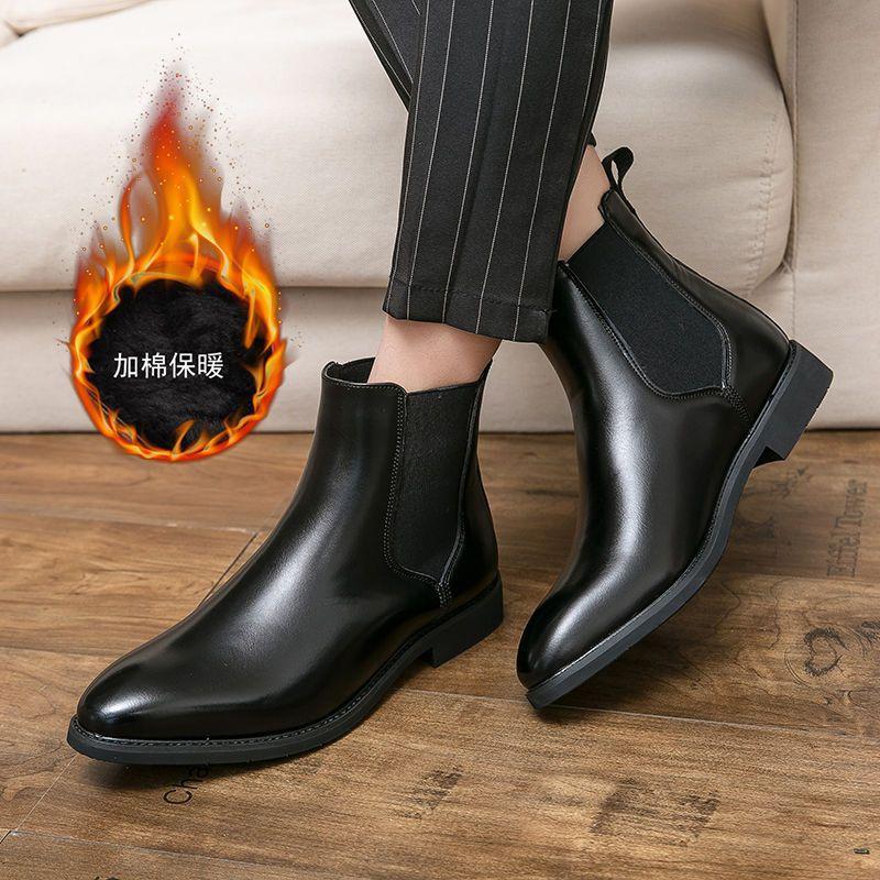 Winter Velvet Warm Martin Boots Men's British Style Short Boots Autumn and Winter Pointed Chelsea Boots High-top Leather Shoes Leather Boots