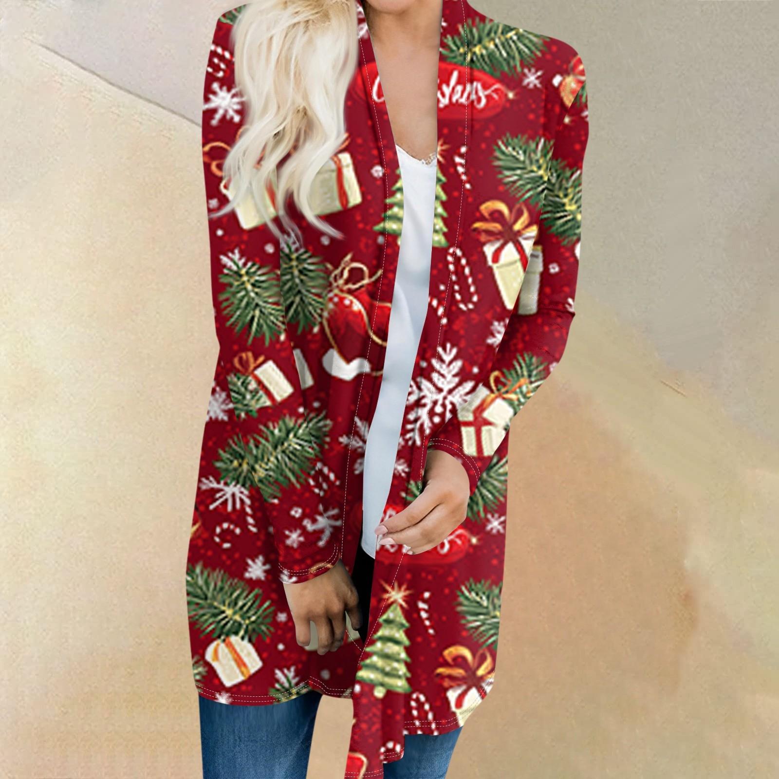 

Женский модный и повседневный рождественский принтованный кардиган средней длины с длинными рукавами XXXL винный
