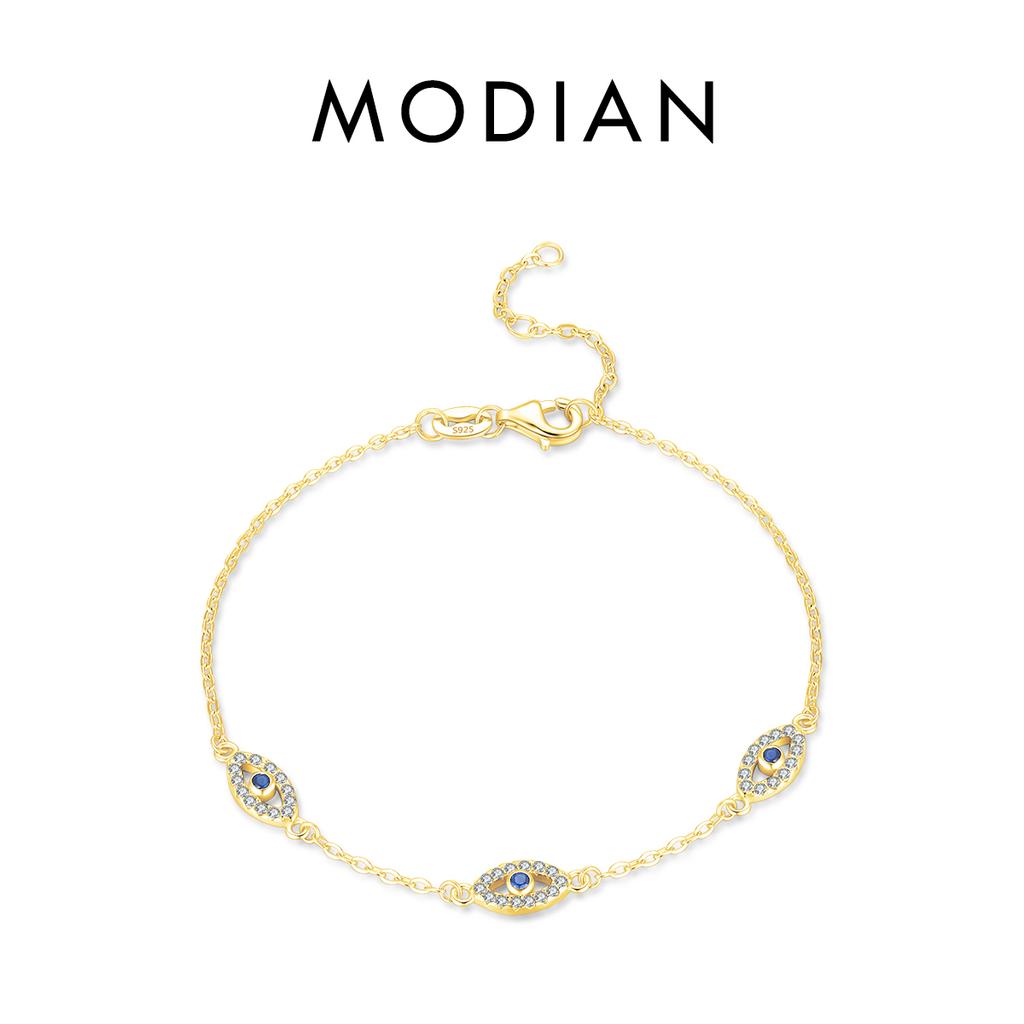 MODIAN Pure 925 Silver Luxury Turquoise Blue Eyes Clear Cubic Zircon Crystal Link Chain Bracelet For Women Fine Jewelry