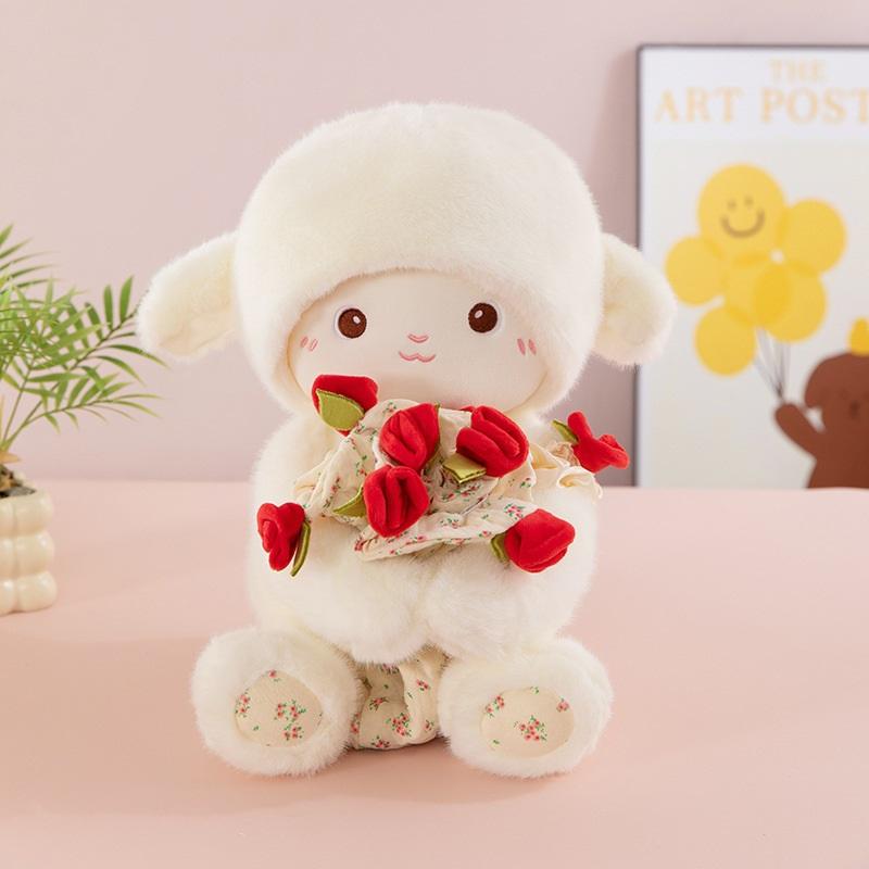 Rose Bouquet Sheep Doll with Hand Magnetic Soft Animal Plush Small Anime Hugging Lamb Doll Birthday Girls Valentine Gift
