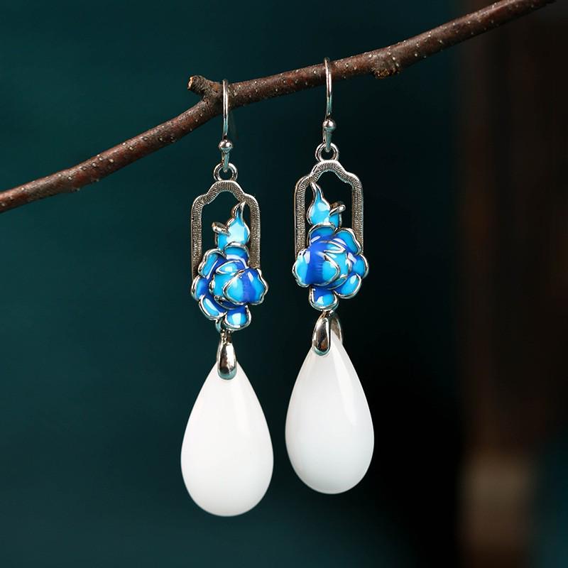 Airyuan Cloisonné Enamel Jade & Silver Earrings with Orchid Design