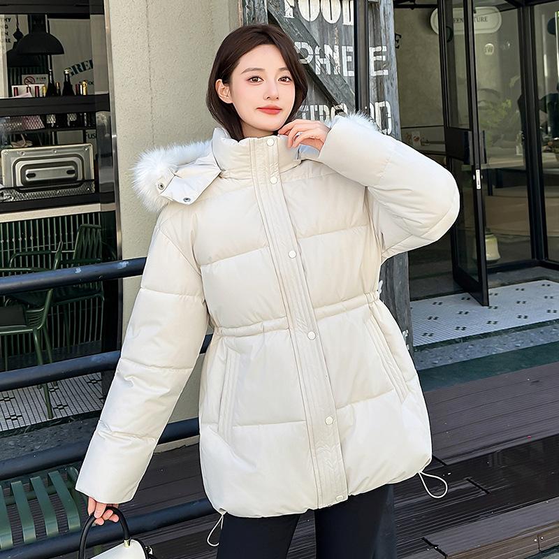 Atmosphere women's cotton-padded clothes, large twill fur collar, hooded medium and long drawstring, waist, daily travel looks good