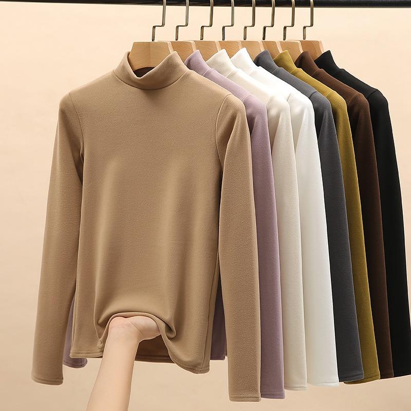 Women Half High Neck Solid Thickened Warm Fleece Lined Long Sleeve Bottoming Top