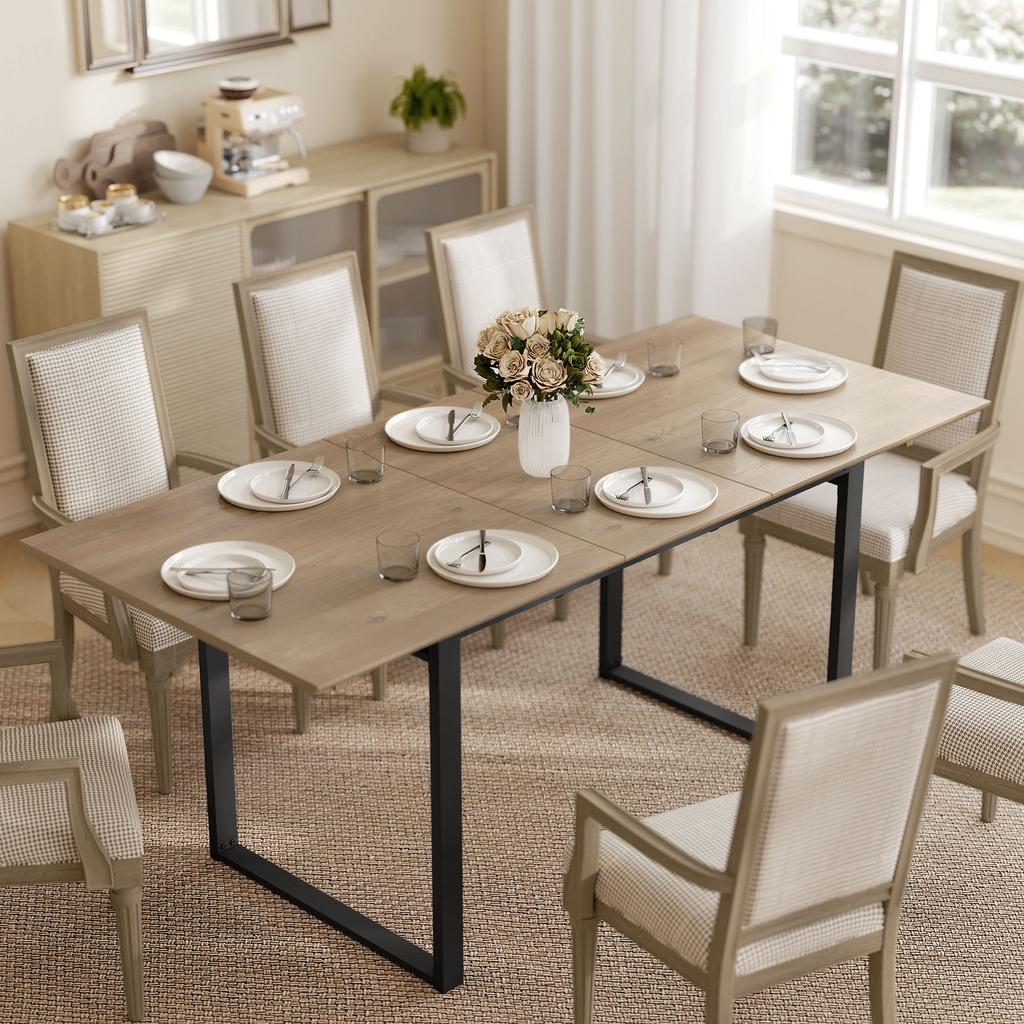 Mesa de Comedor Extensible para 6-8 Personas, 140-180 cm, Mesa de Cocina Rectangular con Base de Acero, Madera Natural+Negro