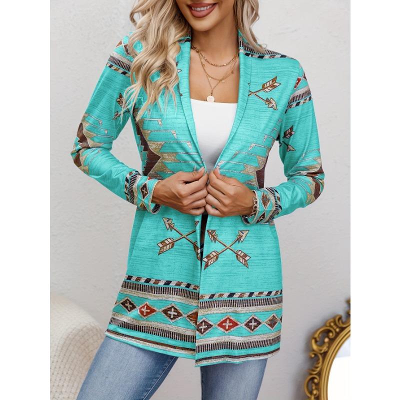 Western Ethnic Print Open Front Cardigan, Casual Long Sleeve Loose Cardigan, Women'S Clothing