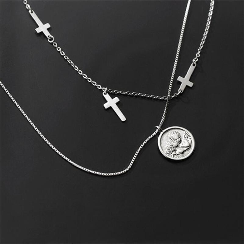 New Temperament Round Brand Angel Female 925 Sterling Silver Jewelry Personality Double Cross Pendant Necklaces TYB367