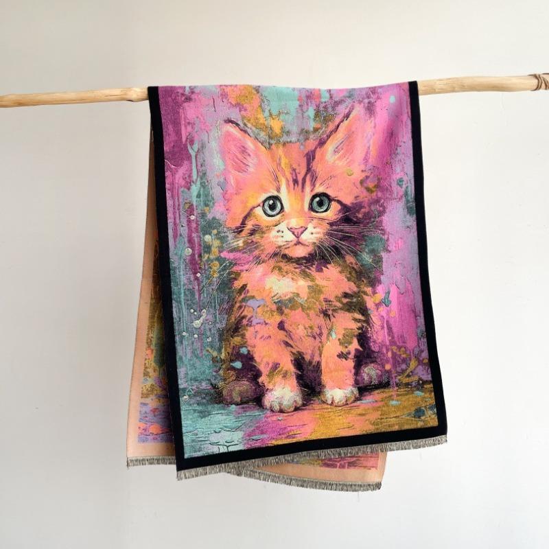 

Color cartoon cat new oil painting scarf women s imitation cashmere warm scarf sweet and cute decorative winter shawl 180x65cm