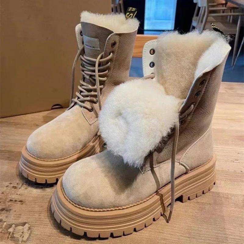 Flats Platform Mid Calf Women Boots Winter 2025 Trend Women Shoes Retro Suede Lace Up Fashion Short Plush Warm Gladiator Boots