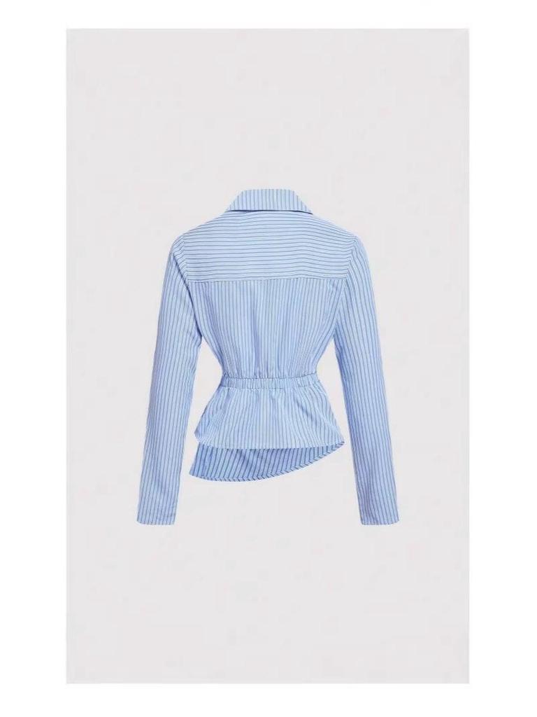 European Asymmetrical Twist Knot Blue & White Striped Long-Sleeve Women's Shirt