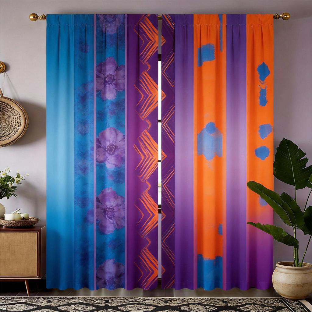 Tribal Geometric Curtains 2pcs – Aztec Inspired Blue Orange Pattern, Bohemian Ethnic Decor for Living Room and Bedroom