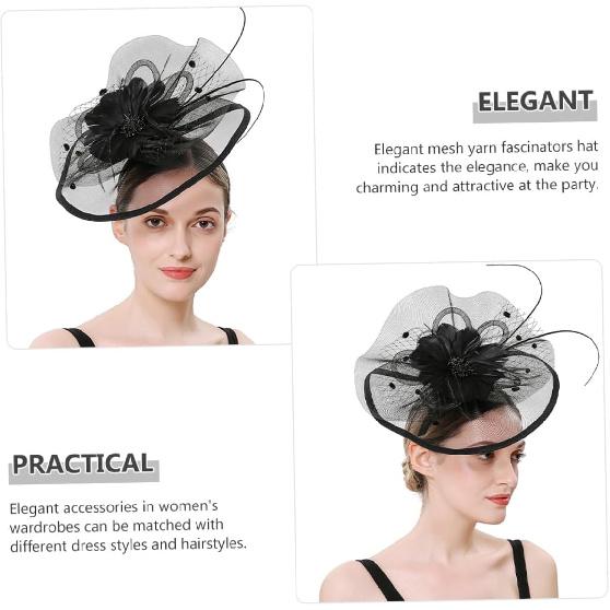 Ipetboom Women’s 1920s Decorative Headpiece with Veil Plume Hair Clip and Headband, Black Tea Party Hat for Wedding Cocktail and Special Occasion