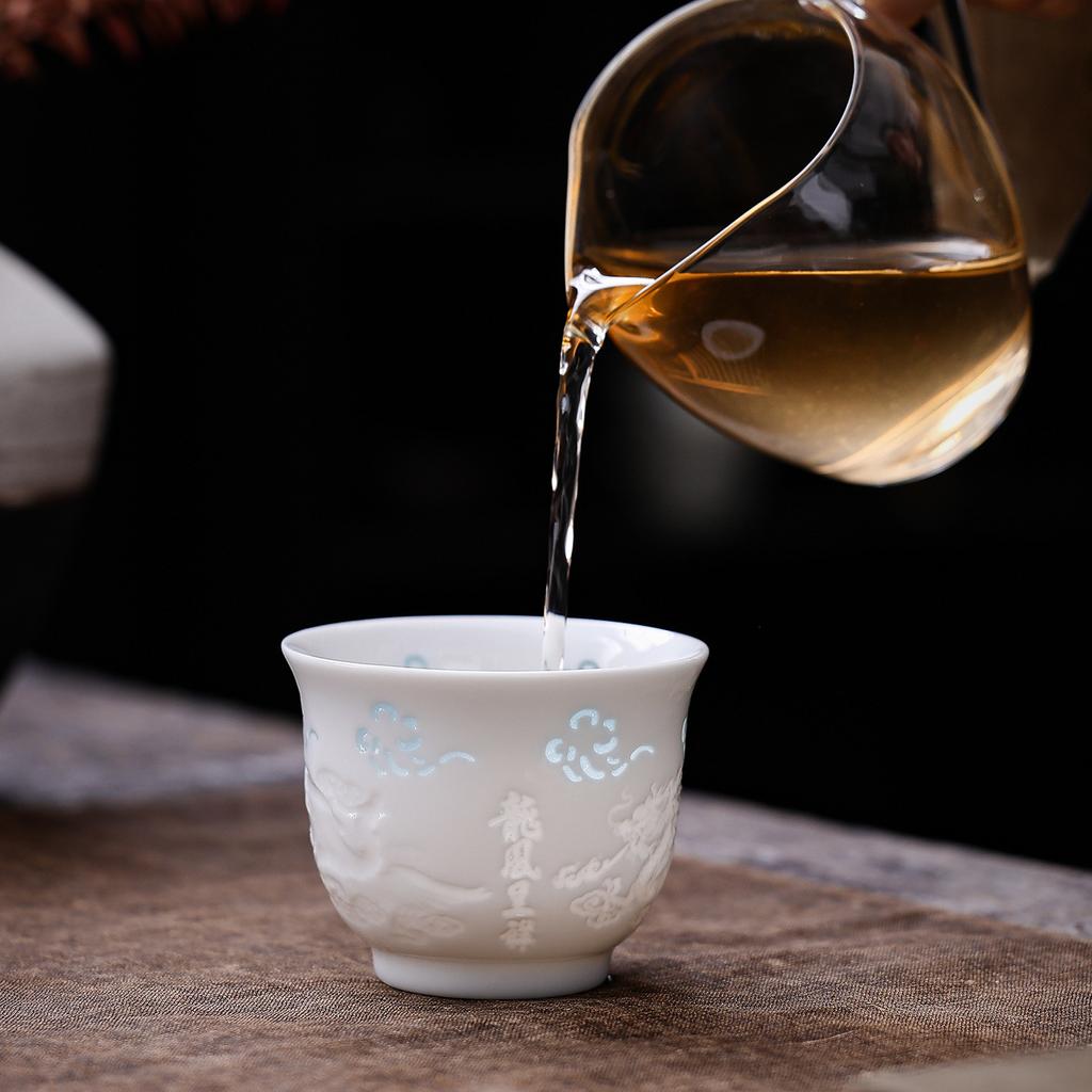 White Porcelain Master Cup Dragon and Phoenix Exquisite Cup Suet Jade Single Master Cup Gift-giving Household Ceramic Personal Cup Teacup