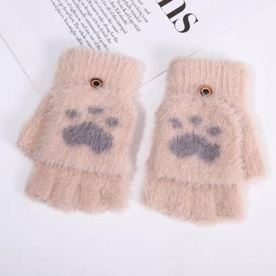 Katzenkrallen-Handschuhe Damen Winter Warm und Samt Verdickt Studenten Trendy Schreiben und Radfahren Niedliche Gestrickte Halbfinger-Klapphandschuhe