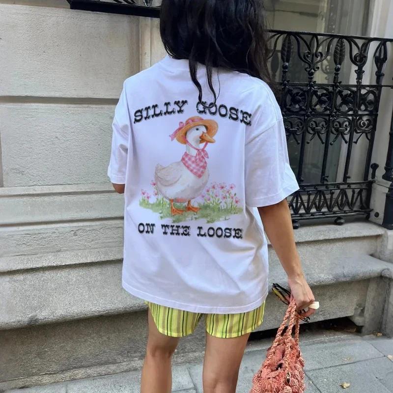Cute Funny Cartoon Goose Graphic Tshirts Retro Cotton Meme T Shirt 90s Vintage Hippie Boho Tees Loose Short Sleeve Unisex Tops