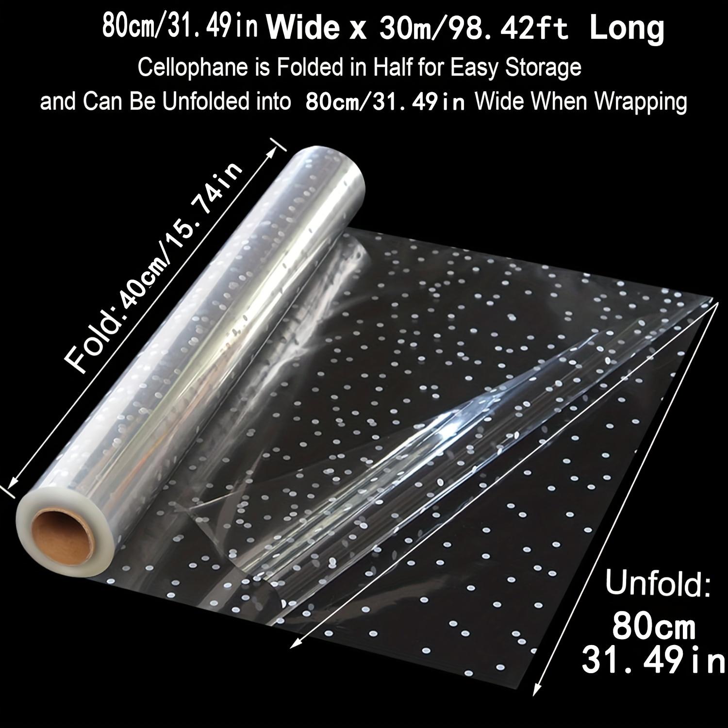 

80 см * 30 м / 31,49 дюйма * 98,42 футів у прозорий целофановий обгортковий рулон у білий горошок, кристалічний целофановий рулон великого розміру для подарункових кошиків, квітів, Дня Святого Валентина