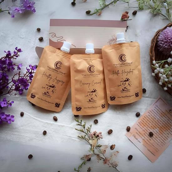 The Coffee Clique | Healthy Jaggery + Creamy Caramel + Hello Hazelnut | Beaten Coffee Paste | Cafe Like Cappuccino At Home  | Pack of 3 | 320 GMs