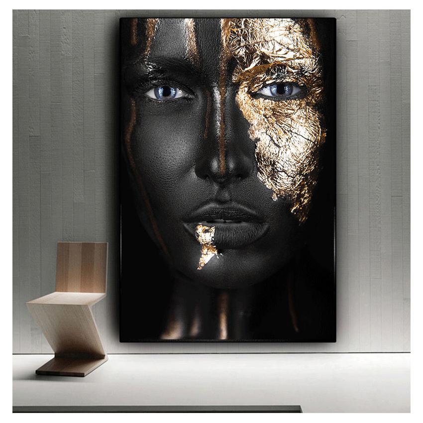 HD Oil Painting On Canvas Posters And Prints Scandinavian Wall Art Pictures for Living Room African Black And Gold Woman