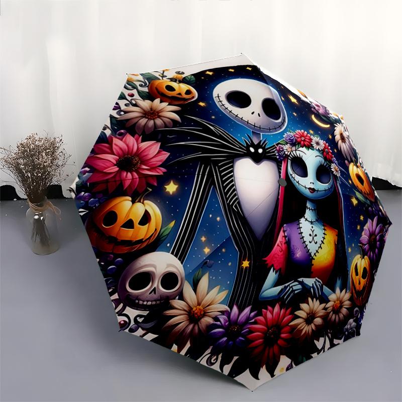 1pc Sally & Jack Skellington Halloween Automatic Folding Umbrella - 3 Folding Design, Vivid Cartoon Pattern, Suitable for Outdoor Activities