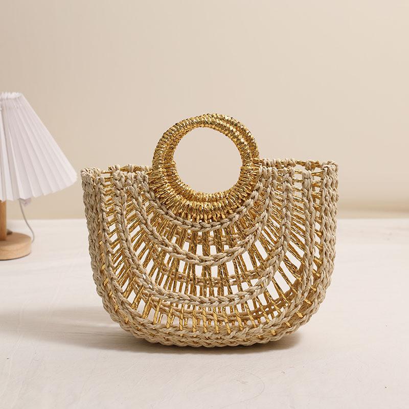 IELGY Fashion Hollow Semicircle Portable Straw Bag Round Handle Contrast Color Woven Vacation Beach Bag