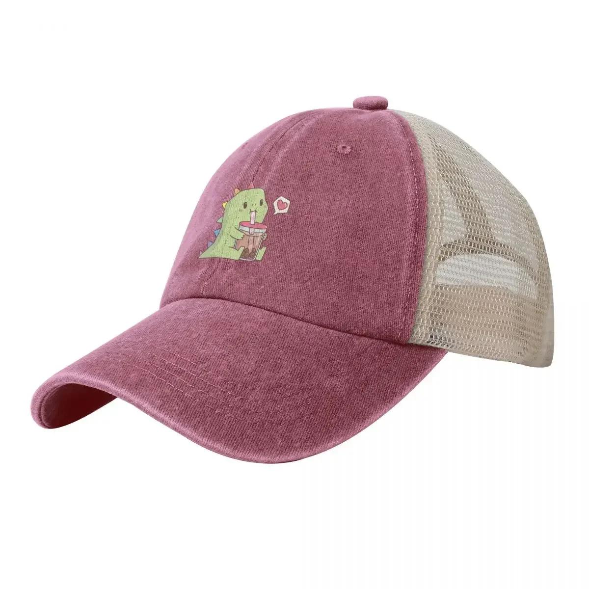 Cute Dino with Rainbow Spikes Loves Bubble Tea Cowboy Mesh Baseball Cap F Golf Unisex Womens