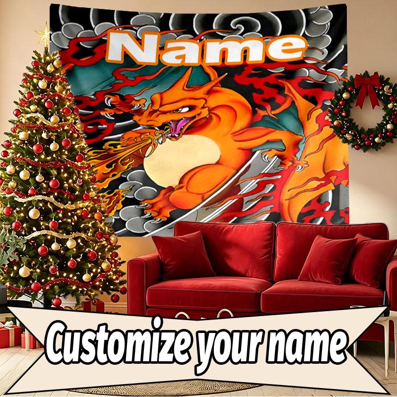 Custom Name Personalized Charizard VS Blastoise Print Tapestry, Wall Art Decor, Bedroom, Dorm, Apartment, LivingRoom, Party Backdrop, Gift for Birthda