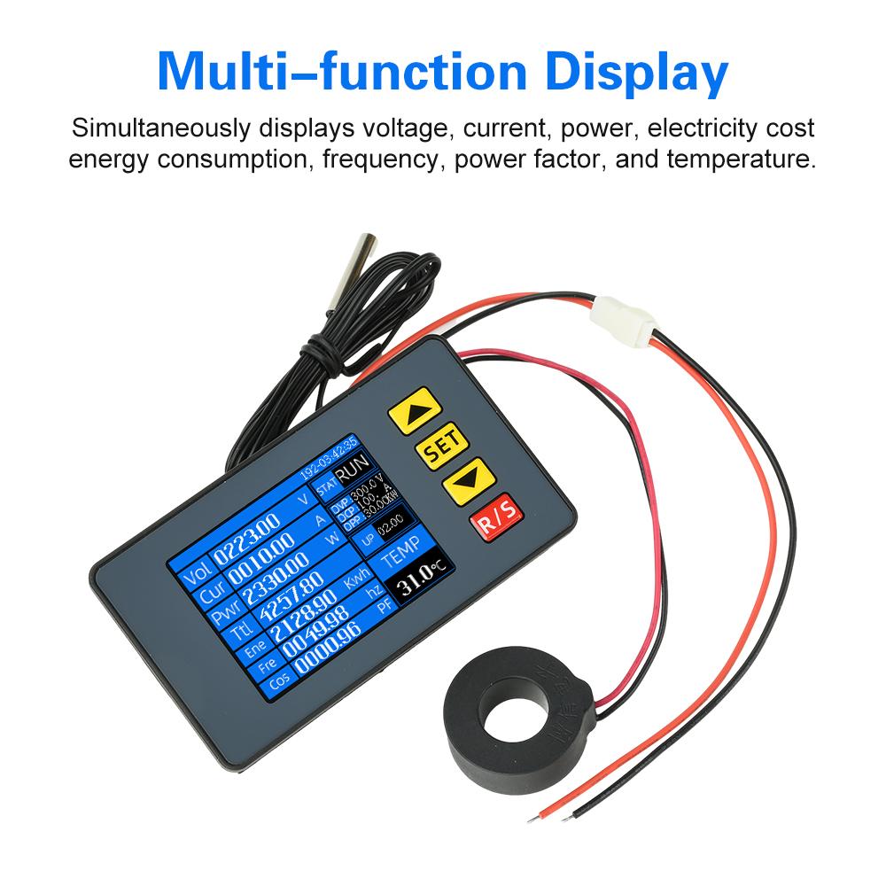 AC 50-300V 100A Voltage Current Power Meter Electricity Frequency Energy monitor Voltmeter with External Closed Ampere Inductor