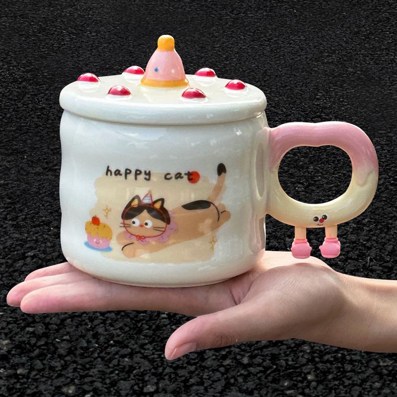 

Birthday gift girls creative ceramic mug with lid cute cake student water cup 301-400ml