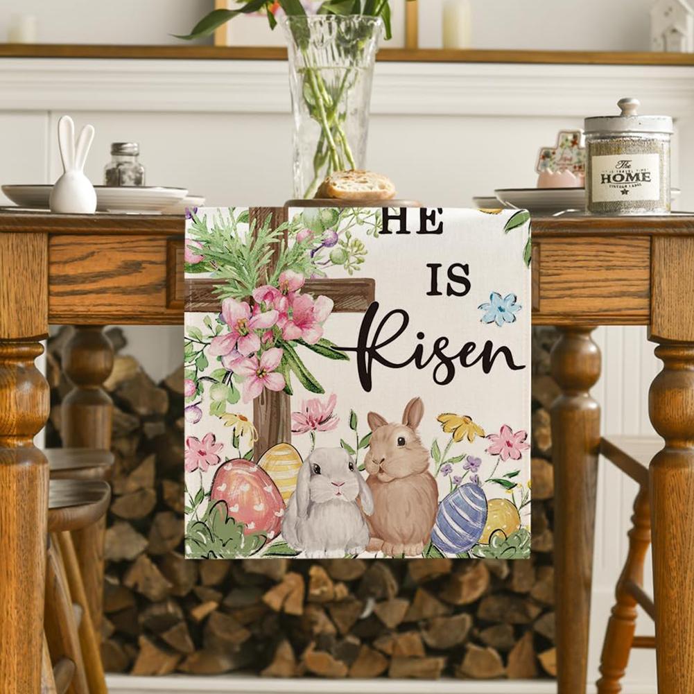 Easter Table Runner with Bunny & Eggs, Spring Holiday Decor, Reusable Linen Cloth for Dining Table, Easter Party Supplies