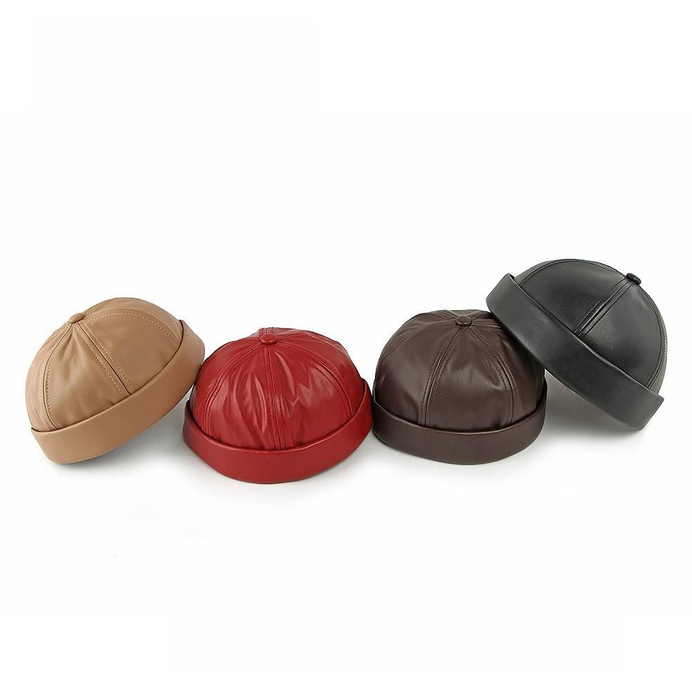Unisex PU Leather Brimless Cap Retro Docker Hat Sailor Miki Beanie Rolled Cuff Skullcap Yuppie Streetwear Melon Cap