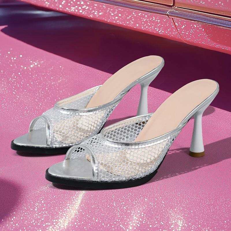 NEW Fashion Breathable Hollow Mesh Woman Slippers Sexy Square Toe Sandals Stiletto High Heels Sliders Shoes Plus Size 35-42