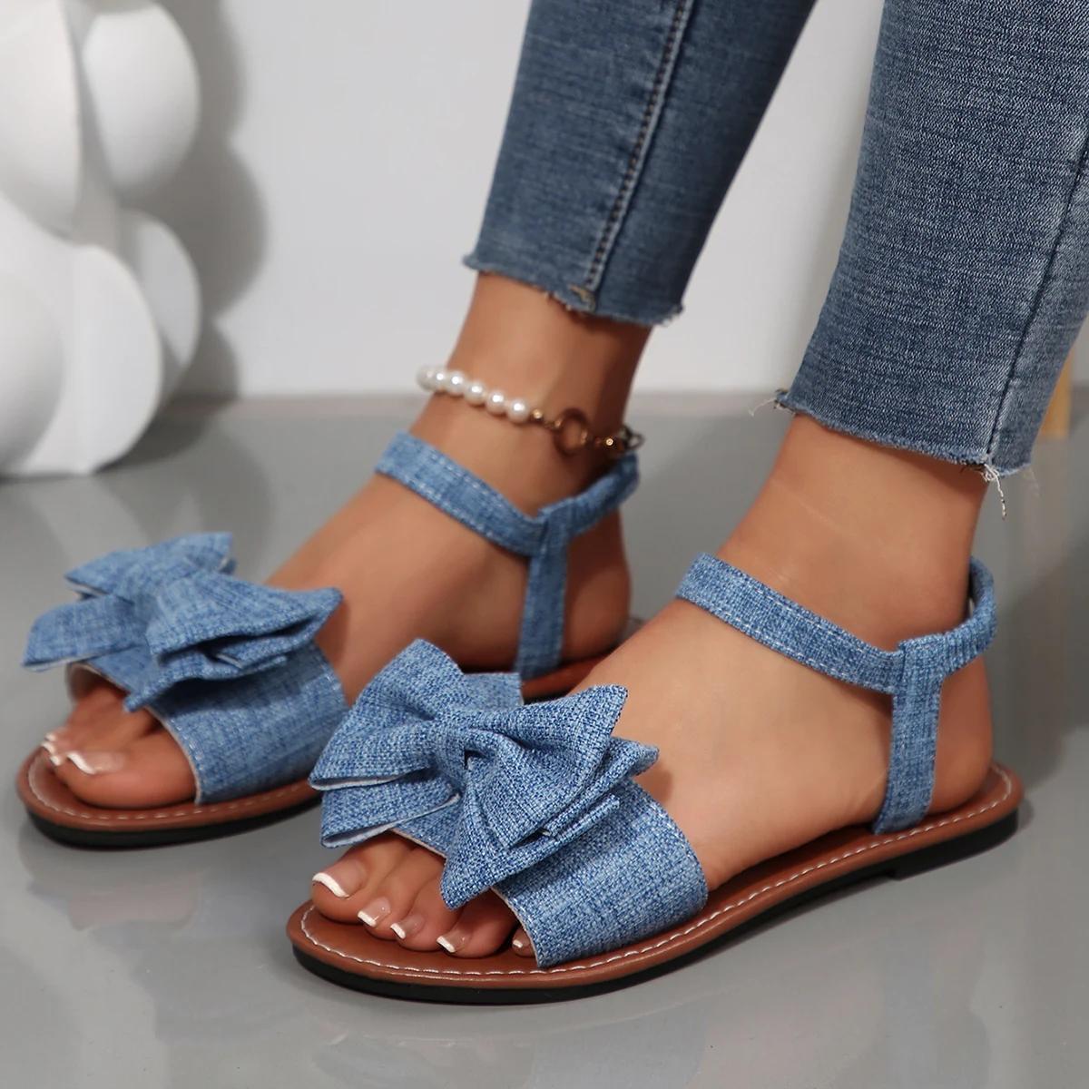 

Fashion Women Sandals Summer Beach Vacation Fashion Shoes Women Casual Versatile Flat Roman Sandals Cute Bowknot Designer Flat Sandals 36 синий