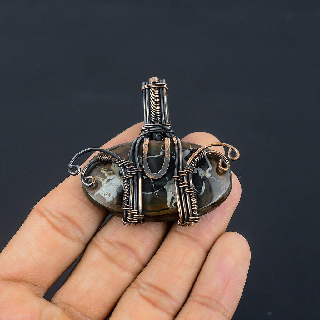 Mud Crack Fossil Pendant, 999 Copper Wire Wrapped Gemstone Jewelry, Handmade Tree Of Life Pendant, For Thanksgiving