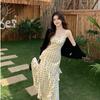 French Beautiful Polka Dot Suspender Dress Women's Gentle Wind White Ruffle Edge Waist Slim and Thin Temperament Long Dress