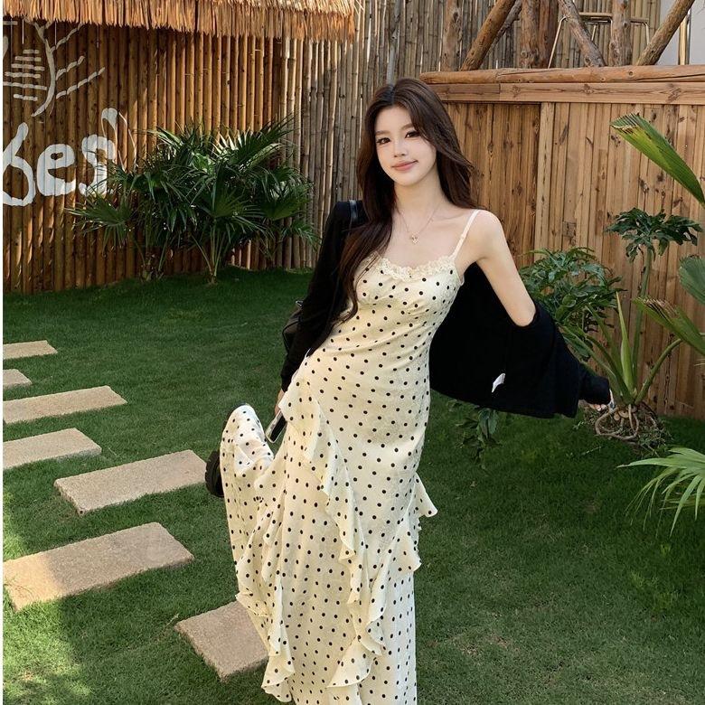 French Beautiful Polka Dot Suspender Dress Women's Gentle Wind White Ruffle Edge Waist Slim and Thin Temperament Long Dress