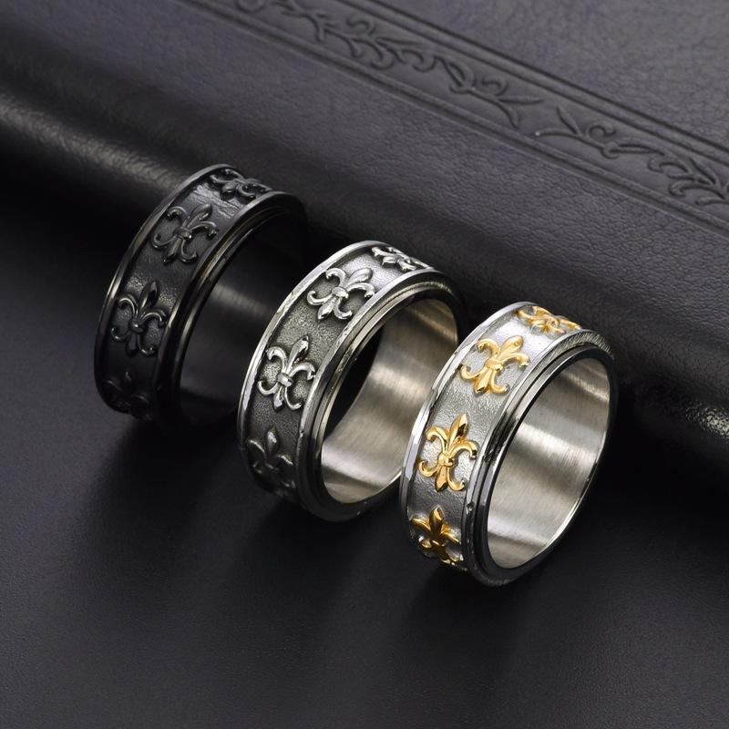 Men Retro Antique Clover Cross Titanium Steel Ring Rotatable Gold Plated Open Band European Personalized Trendy Adjustable Jewelry Holiday Gift