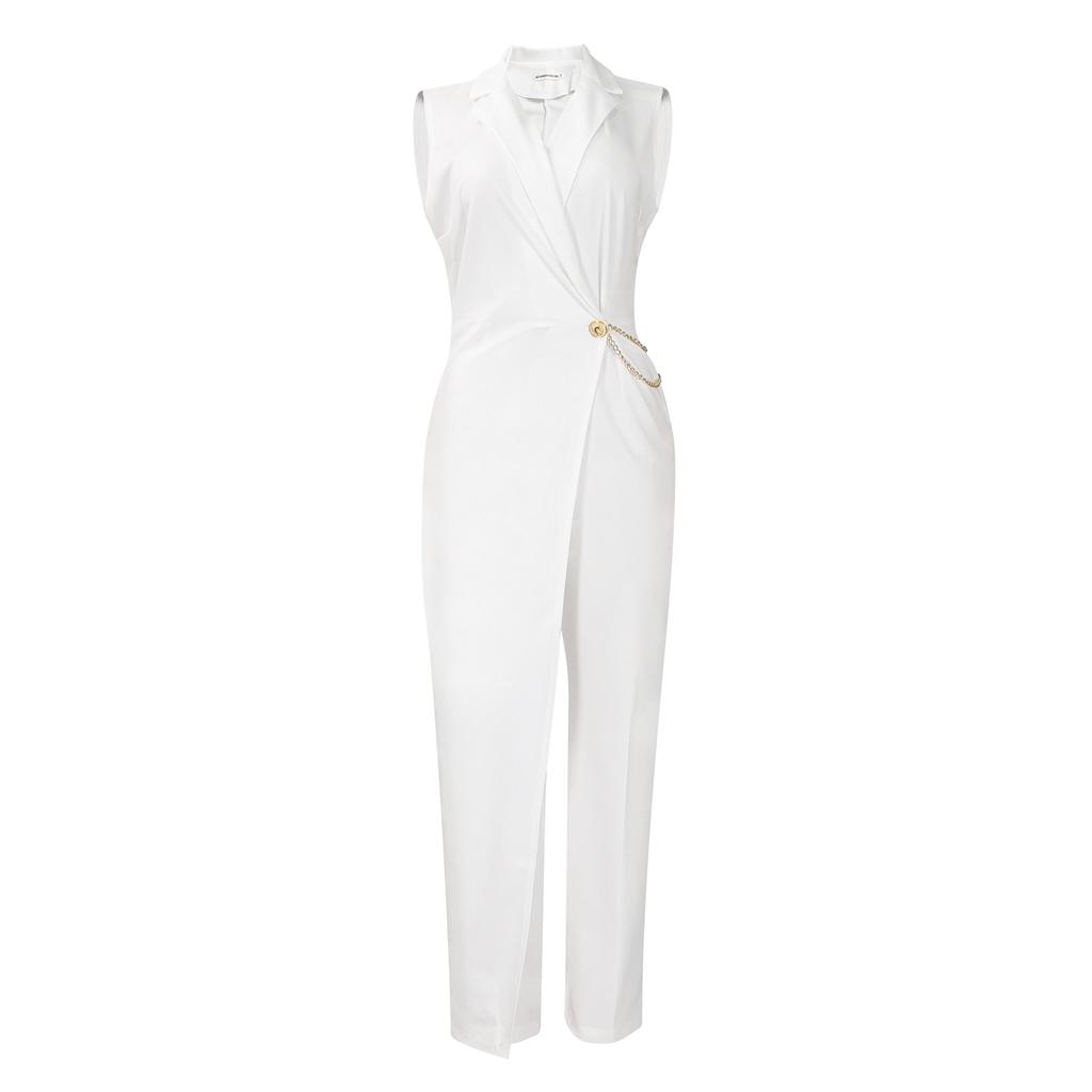 Women's Elegant and Elegant Suit Collar Waist Chain Loose Wide Leg Jumpsuit