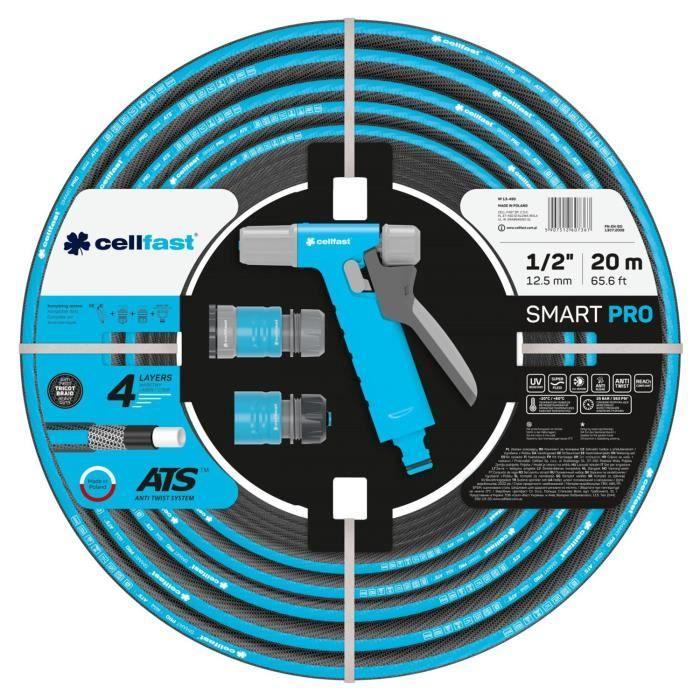 Tuyau d'arrosage avec accessoires Cellfast SMART PRO ATS 1/2" - 20 m - 4 couches tissu tricoté Flexible Résistant UV et aux algues