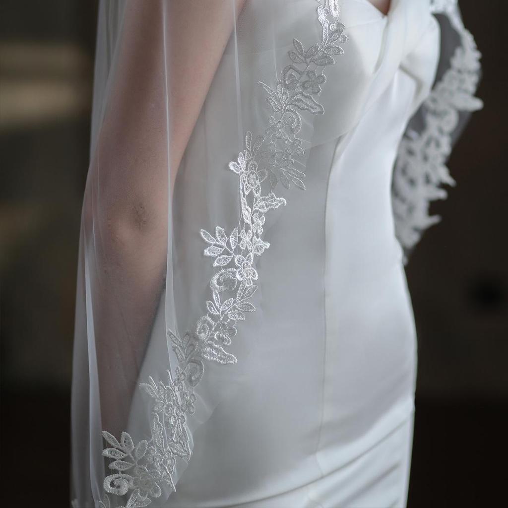 Xinmeiji Women's White Lace Edge Bridal Veil, European & American Style, Single Layer, Wedding & Travel Headpiece V683-1