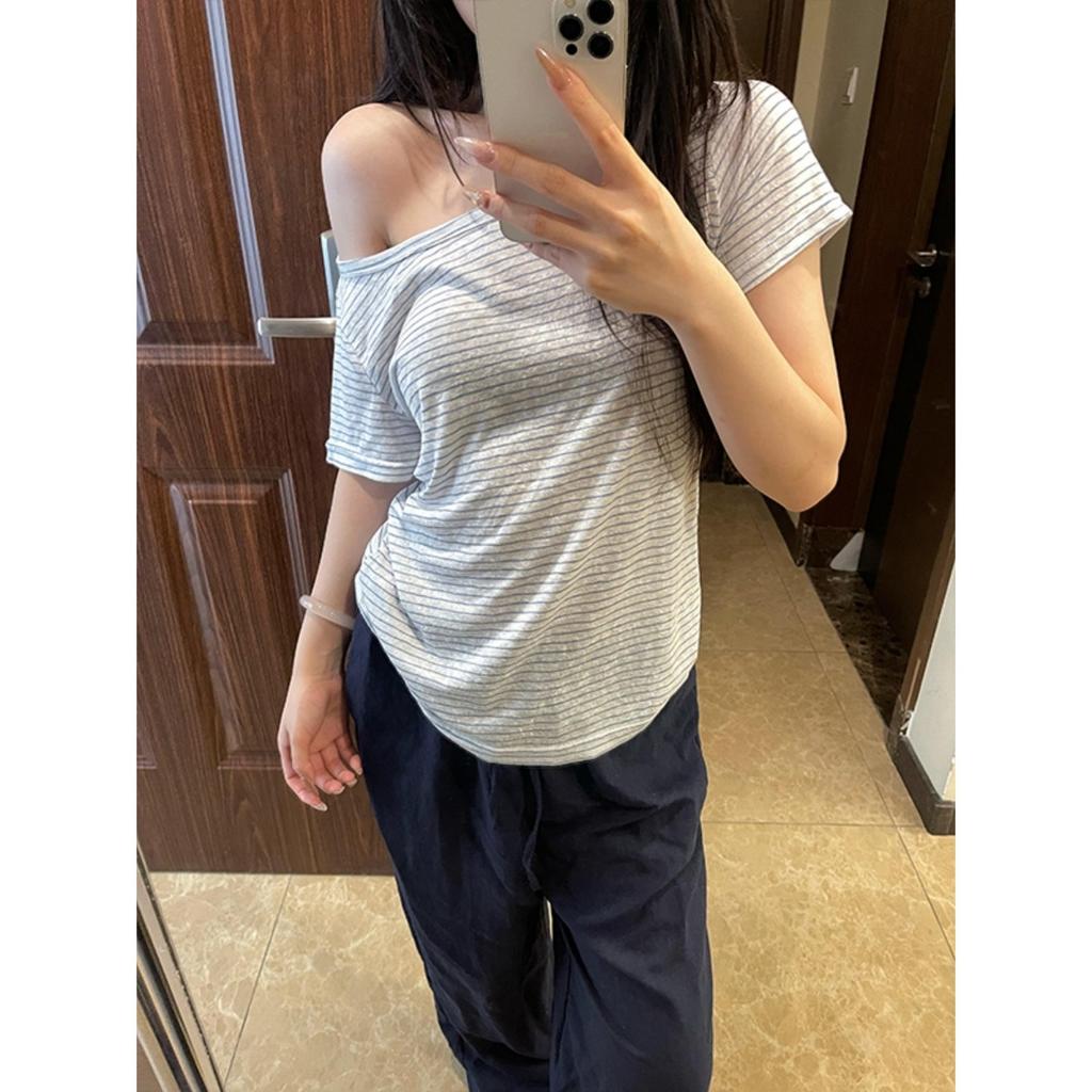 Striped American striped slanted shoulder short-sleeved t-shirt women's summer sweet and spicy style slim and thin versatile top