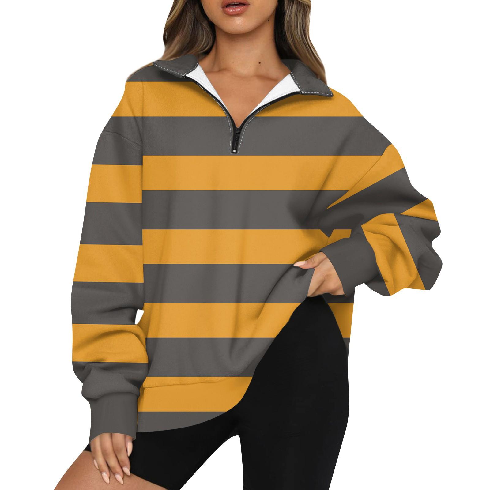 

Женская модная толстовка с длинным рукавом и принтом в полоску с отворотом на молнии XL жёлтый