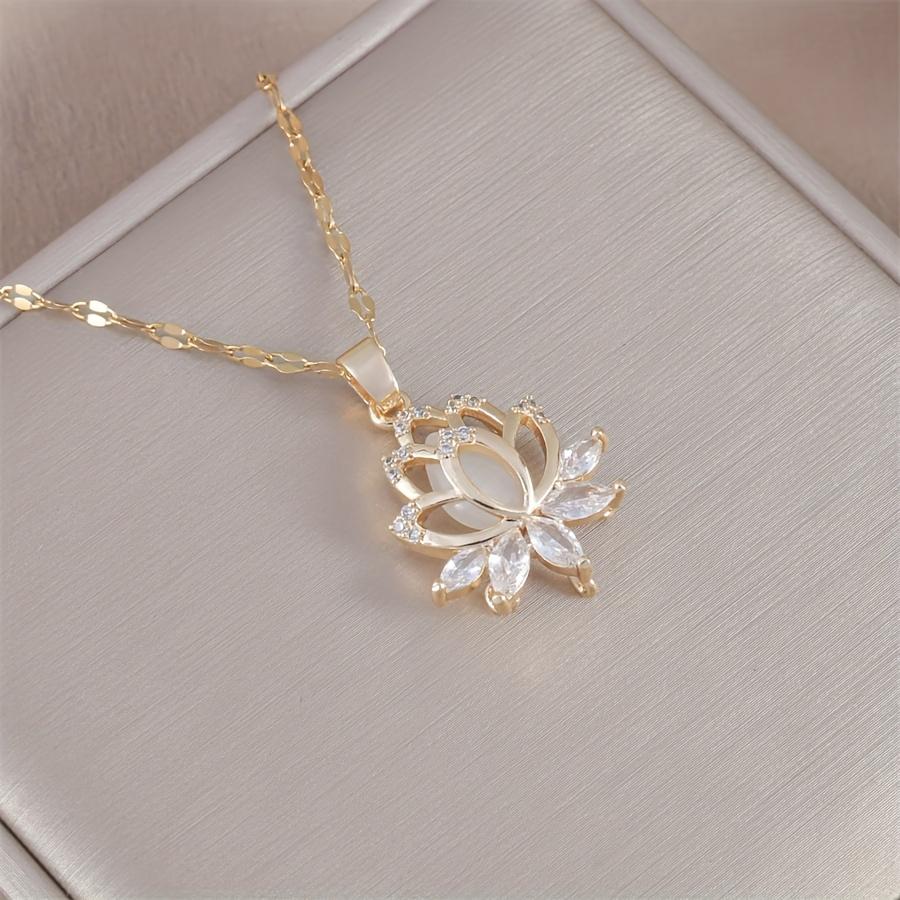 's Elegant Golden-Tone for Lotus Flower Pendant Necklace - Delicate Chain Jewelry with Sparkling Cubic petals, Everyday & Formal Necklace for Annivers