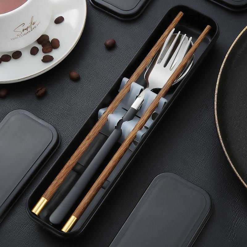 Chopsticks spoon set, one chopstick per person, portable tableware, student storage box, fork, single wooden chopsticks three-piece set