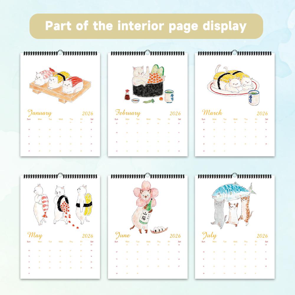 1pc 2026 Wall Calendar, Cute Japanese Cat Design, Sushi Cats, 12 Months Monthly Plan, Perfect Gift for Birthdays & Holidays