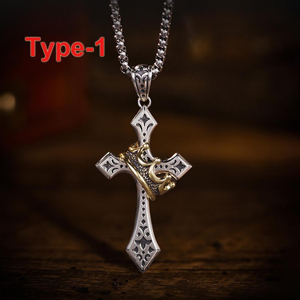 Stainless Steel Crown Cross Necklace Personalized Hiphop Necklace with Gold Crown Stylish Design Pendant Necklace for Men