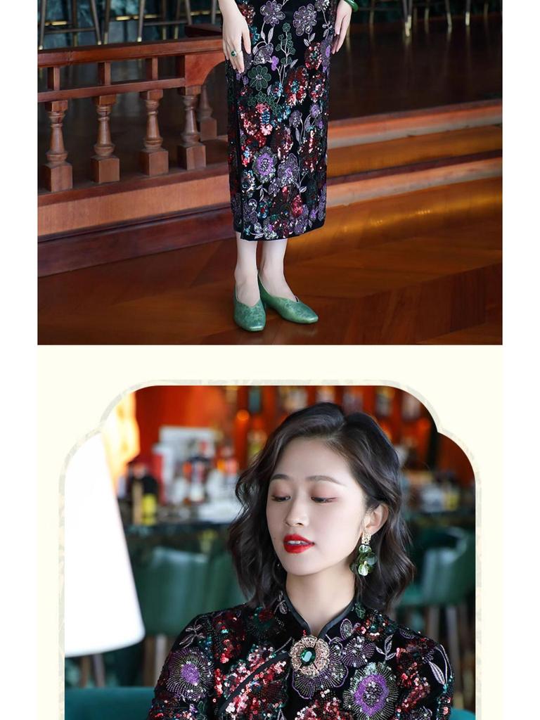 Women's Retro Chinese-Style Autumn Cheongsam with Embroidered Sequin Details