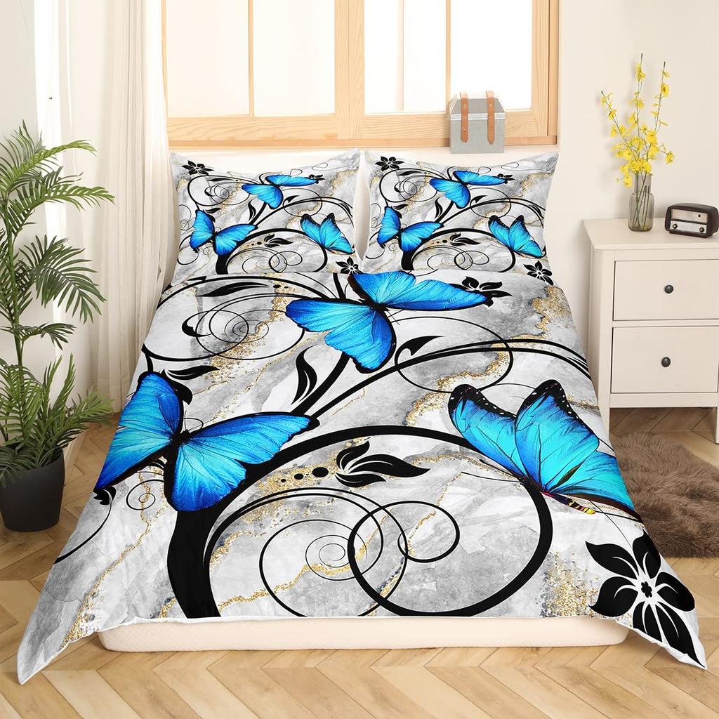 Fantasy Blomma Fjäril Påslakanset För Vuxna,Tonåringar,Lyxigt 3D-Tryckt Färgglada Fjärilar Och Ros Polyester Sängkläder Set