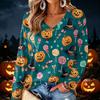 Women's V-Neck Long Sleeve Lightweight Halloween Print Blouse for Casual Wear